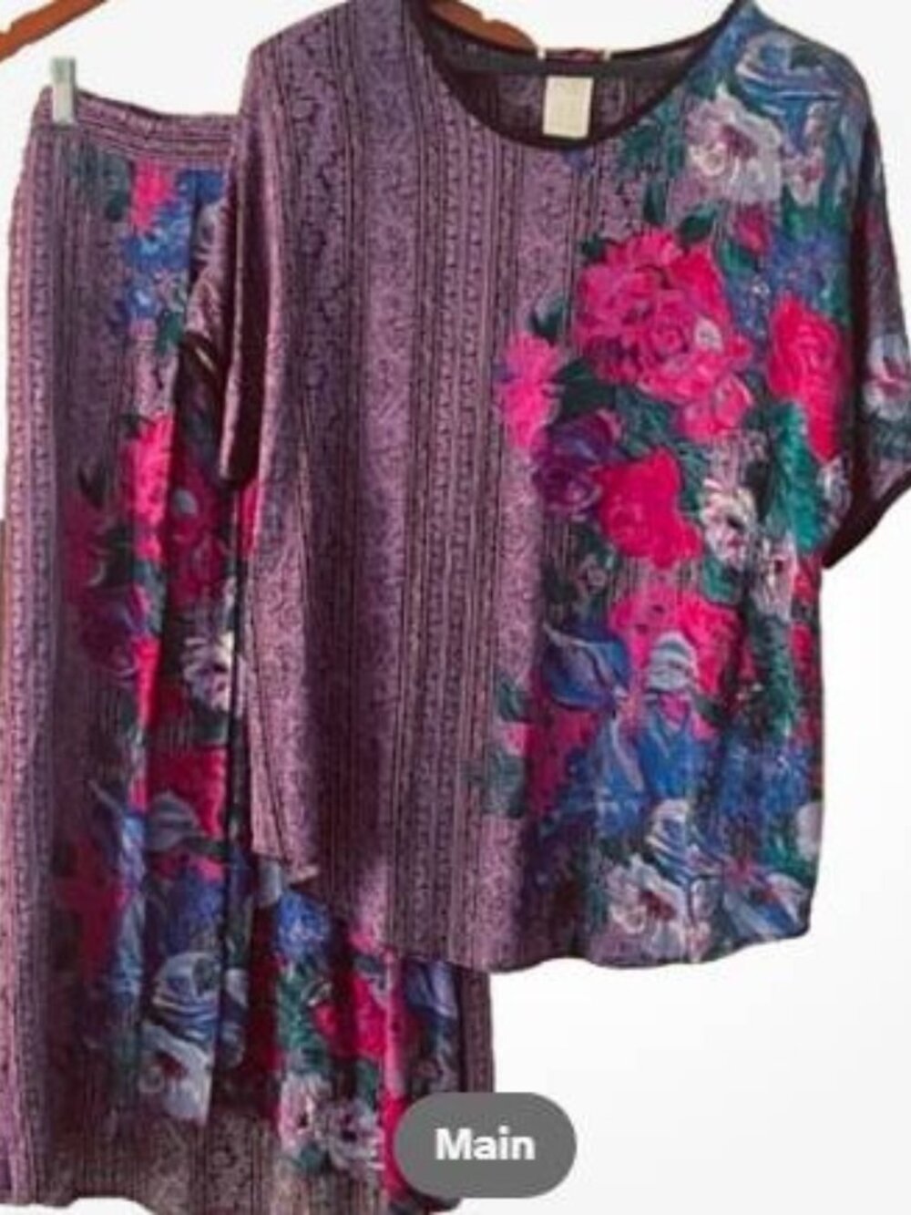 VTG Pierre Lamonte 2 Piece Skirt Set Size 12 Purple Floral Striped Rayon Co-ord